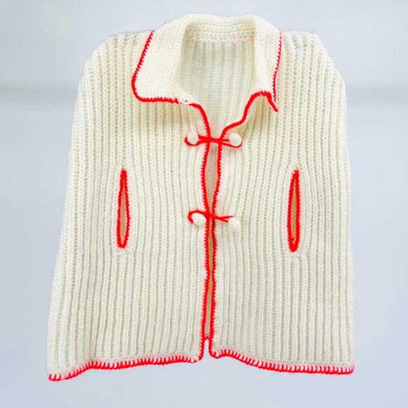 Handmade Girls Kids White Sweater Knit Cape with Neon Red Trim Size 6 / 8 - Picture 1 of 6